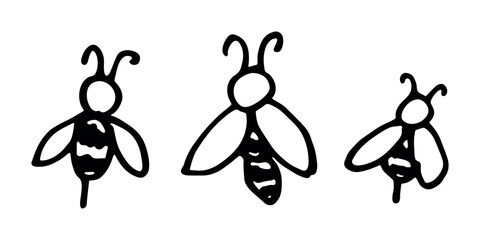 Set of hand drawn happy funny cute honey bee clipart Adorable flying striped insect friendly kawaii bumble bee For kids print, web, design, decor, logo © Daria Shane