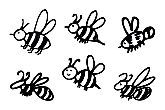 Set of hand drawn happy funny cute honey bee clipart Adorable flying striped insect friendly kawaii bumble bee For kids print, web, design, decor, logo