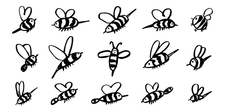 Set of hand drawn happy funny cute honey bee clipart Adorable flying striped insect friendly kawaii bumble bee For kids print, web, design, decor, logo