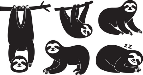 Fototapeta premium Sloth Silhouette Set Lazy Tropical Mammal Vector Illustration