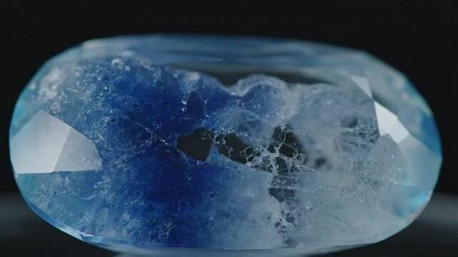 Mesmerizing close up of a brilliant cut blue gemstone with internal patterns and inclusions, showing detailed textures