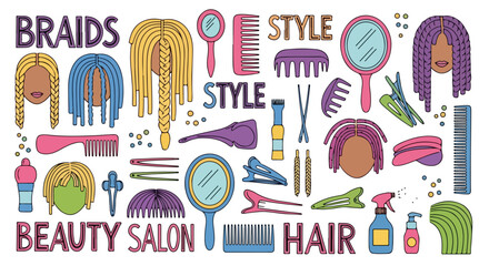 Naklejka premium Collection of colorful hair care and beauty salon illustrations including braids, tools, and products.