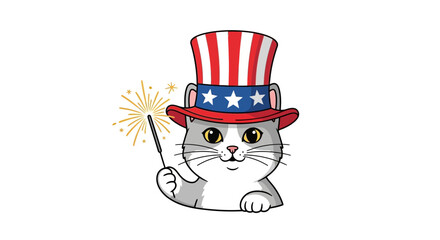 Vector illustration of patriotic cat in top hat with sparkler