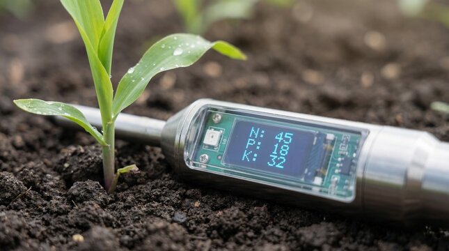 Emerging Growth Technology: Capturing the essence of scientific precision, a budding plant thrives, nurtured by a smart sensor.