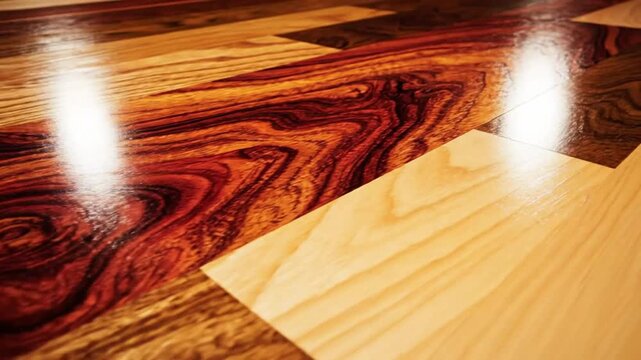 Close-up perspective of a beautiful, polished hardwood floor featuring contrasting wood grains and reflections