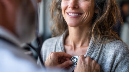 Fototapeta premium Doctor listens to patient's heartbeat with stethoscope during medical checkup