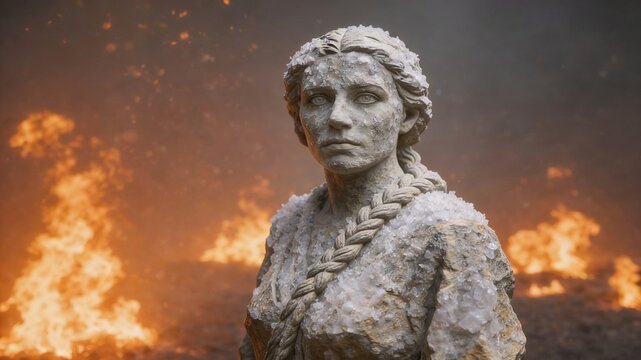 Sodom and Gomorrah Biblical scene: Lot's wife turning into a pillar of salt during the destruction of Sodom and Gomorrah, covered in white salt crystals.