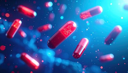 Floating red capsules glowing against blue background with particles, symbolizing pharmaceuticals, drug development, and futuristic medical research.