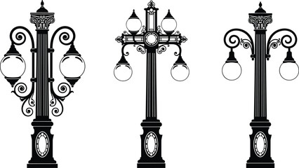 Vintage ornamental street lamp silhouettes collection with decorative iron posts and lantern lights, classic city lighting design isolated