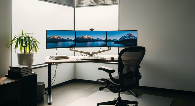 Modern office workspace with triple monitor setup on sleek desk, ergonomic chair, potted plant, and scenic landscape views on screens in minimalist interior design