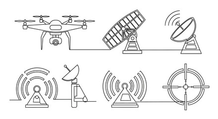Obraz premium Line drawing of a drone with various satellite and communication devices, illustrating drone warfare technology and unmanned aerial vehicle systems in a technical, futuristic style with a