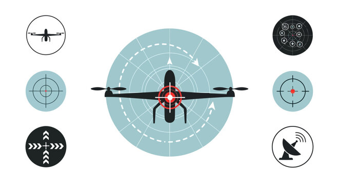 A vector illustration of a modern military drone with a red crosshair target surrounded by various targeting and tracking graphics on a light blue background, conveying a futuristic war