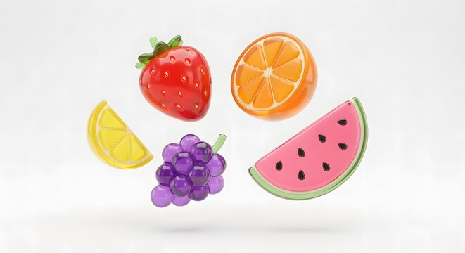Vibrant 3D rendered glossy fruits floating on a white background. Includes a strawberry, orange, lemon, grapes, and watermelon slice in a cute, glass-like cartoon style.