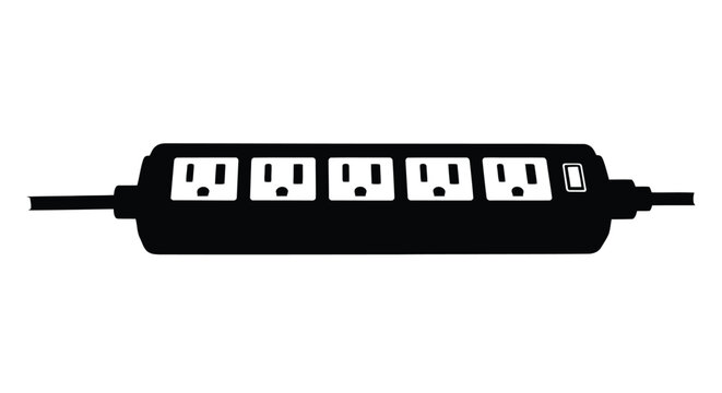Black power strip with multiple outlets isolated on a white background