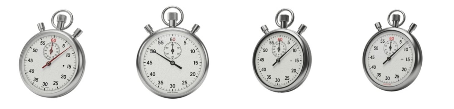 Set Of Classic Silver Chronograph Stopwatches Isolated On White Background, Analog Timer Collection In Different Angles, Precision Sports Measuring Tools PNG Graphic Assets