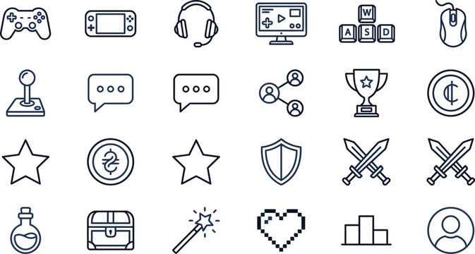 Collection of thirty dark outline icons representing various gaming elements and digital interfaces.
