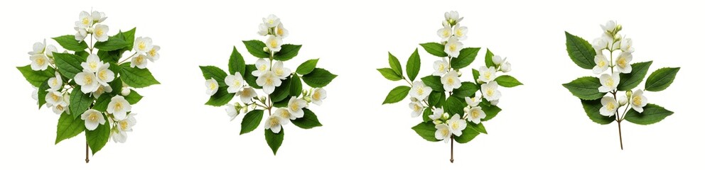 Fototapeta premium Jasmine Jasminum Officinale Isolated On White Background, Fresh White Flowers With Green Leaves Set, Fragrant Blossoms Collection, Realistic Floral PNG Graphic Asset