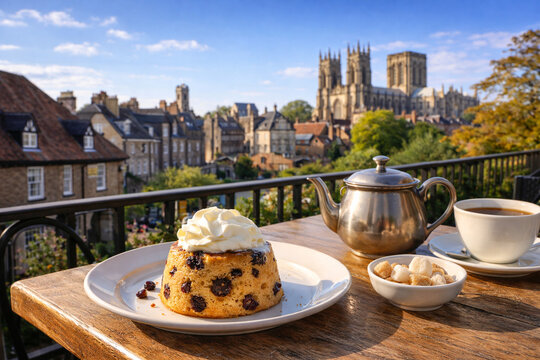 Traditional Spotted Dick Dessert with Whipped Cream and English Breakfast Tea at Scenic York Caf&eacute; Terrace