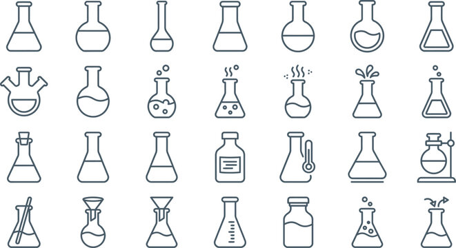 A comprehensive collection of various laboratory glassware icons essential for science and chemistry vector illustrations.
