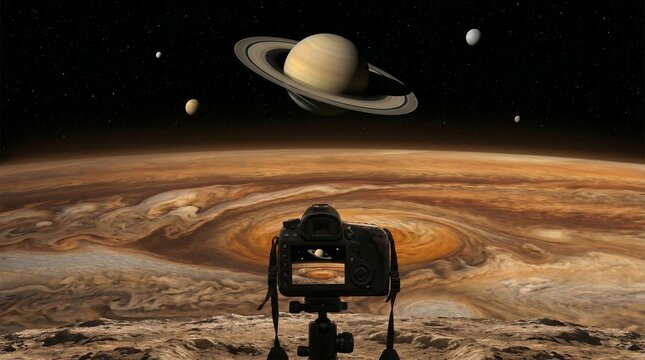 A camera is set up on a tripod capturing the stunning view of the planets in the distant galaxy with Jupiter prominently in the foreground and Saturn, Mercury, and other planets visible