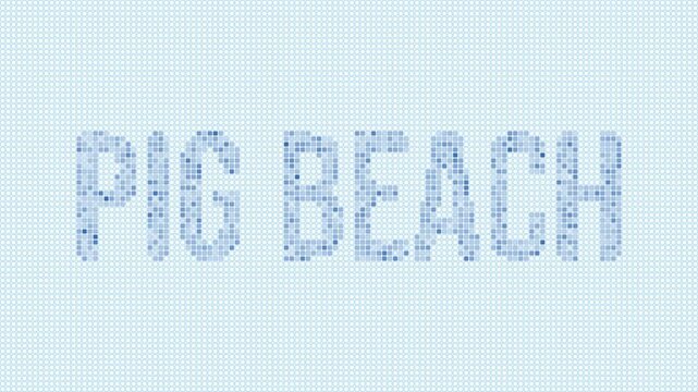 Pig Beach dotted map animation. Digital style shape of the island. Pig Beach shape and title blue dots appear with flickering effect. Bahamas. Creative Intro, outro, title, logo video.