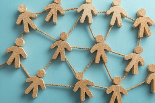 Interconnectedness: A network of wooden figures are linked, symbolizing collaboration, connections, and the strength found in togetherness.