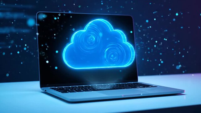 Laptop projecting holographic cloud computing network in modern digital workspace