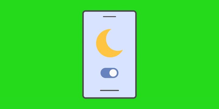 Animated smartphone interface showing a "Do Not Disturb" toggle being switched on. A moon icon glows as the setting activates in a clean 2D flat vector motion loop with a pastel aesthetic.