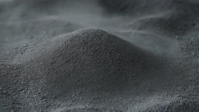 Black metallic powder pouring into a heap with rising dust