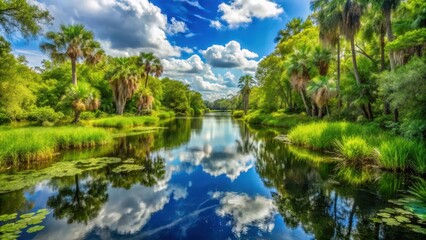 Obraz premium A photo of a serene Florida wetland, teeming with lush green vegetation and tranquil waterways
