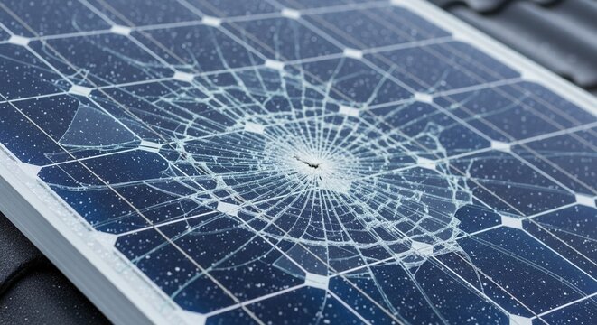 A close-up view of a damaged solar panel with a cracked surface