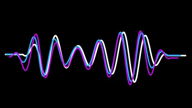 Three colored waves oscillating on solid black background, seamless looped motion graphics showing white blue and purple audio signal lines, abstract technology visualization for music or data