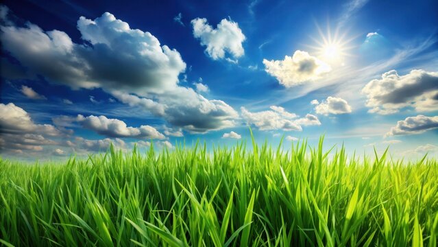 A photo of lush green grass swaying gently in the breeze under a bright blue sky with fluffy white clouds