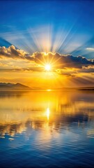 Obraz premium A photo of golden sun rising over a tranquil Sayram Lake, reflecting on the calm waters and casting soft rays across the horizon
