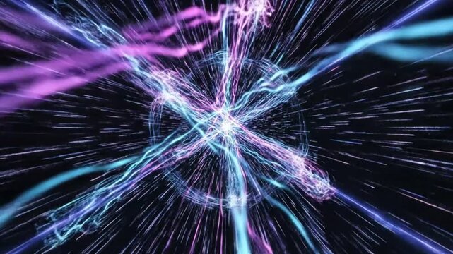 Abstract cosmic energy field visualization with vibrant electric light beams and starfield background