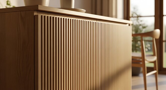 A close-up view of a wooden sideboard with slatted doors in a modern living room with natural light pouring in through large windows.
