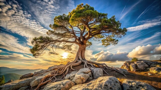 A photo of a tree with its roots anchored deep into rocky cliffs, surrounded by an expansive sky, symbolizing strength and resilience