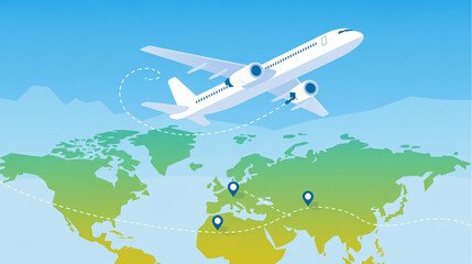 Vector airplane flying over world map with travel route