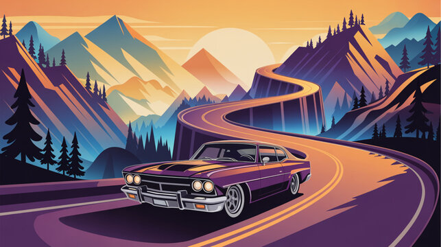 Vintage car driving on winding mountain road at sunset, vector illustration