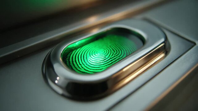 Secure Scan: A close-up shot of a biometric fingerprint scanner, the green light illuminates the intricate pattern of a fingerprint, symbolizing security and access.