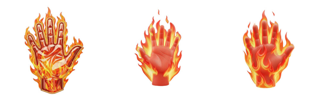 Set of Three Flaming Human Hands Isolated on White Background - Burning Palm and Fiery Hand Icons with Realistic Fire Effects for Fantasy Magic, RPG Spells, and Superhero Design