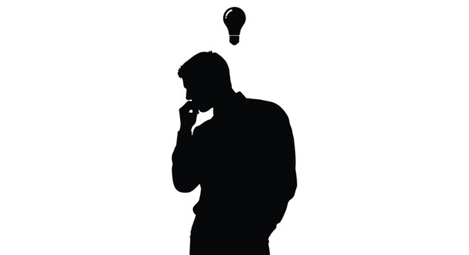 Silhouette of a man deep in thought with a lightbulb above his head