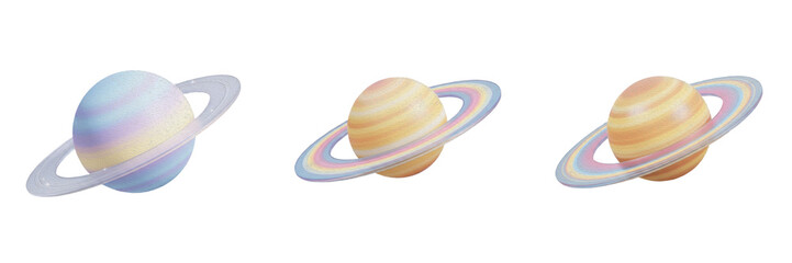 Set of 3D Pastel Planet Saturn Icons with Rings, Stylized Gas Giant Illustrations in Blue and Orange, Cute Celestial Space Graphics Isolated on White Background for Web Design © Petesh