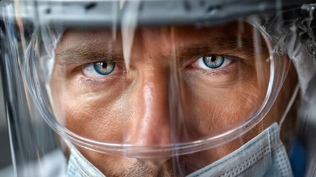Courageous Gaze: The intense, focused gaze of a healthcare worker, shielded for protection. A close-up view capturing the dedication and vigilance in times of need.
