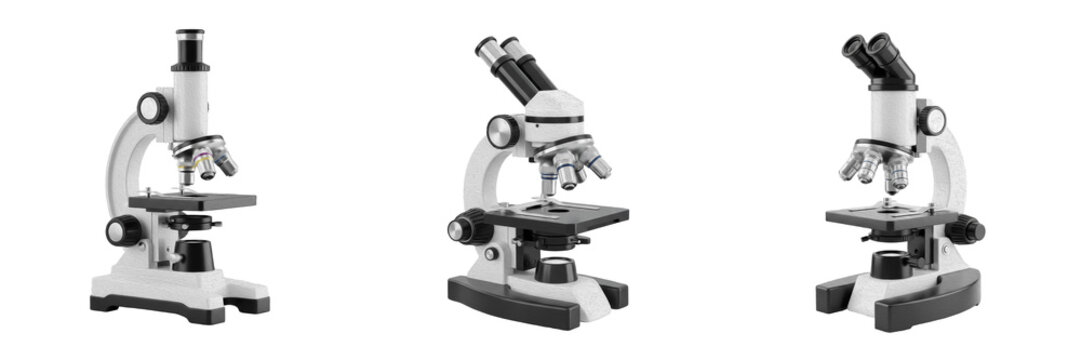 Set of 3D Scientific Microscopes, Binocular and Monocular Laboratory Equipment Icons for Biology and Research, Realistic Optical Microscope Illustrations Isolated on White Background