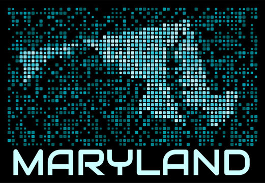 Maryland, United States digital dotted map. Shape of the state in cyan color palette on dark background. Futuristic Maryland, United States map design. Vector illustration.