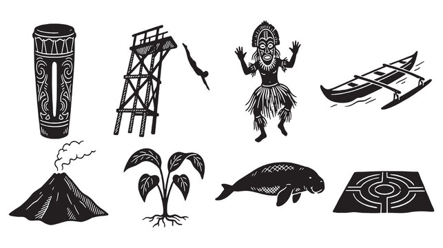 Collection of Polynesian cultural and natural elements including a drum, diving tower, tribal dancer, outrigger canoe, volcano, plant, manatee, and maze.