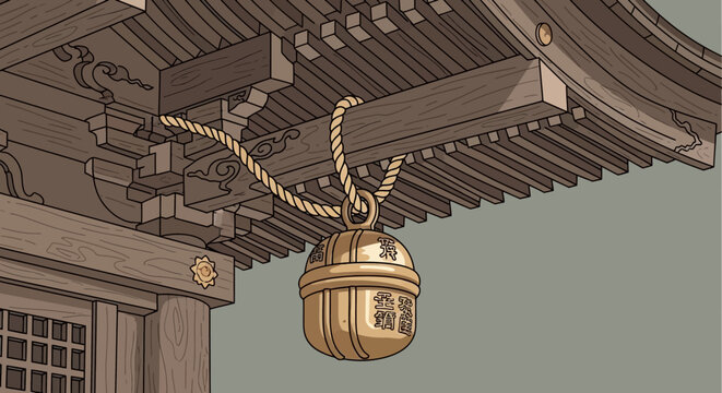 Traditional Japanese Shrine Bell Hanging from Wooden Eaves
