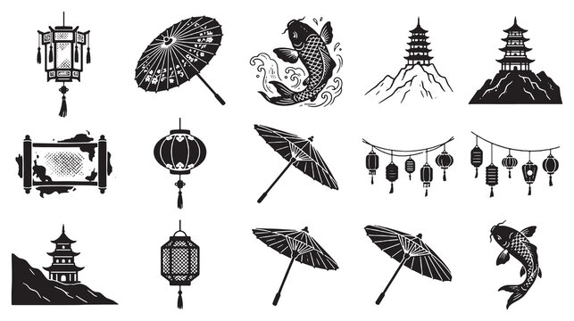 Collection of traditional Japanese and Chinese cultural icons including lanterns, umbrellas, pagodas, and koi fish.