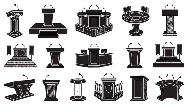 Collection of diverse podiums and lecterns with microphones for public speaking and presentations.
